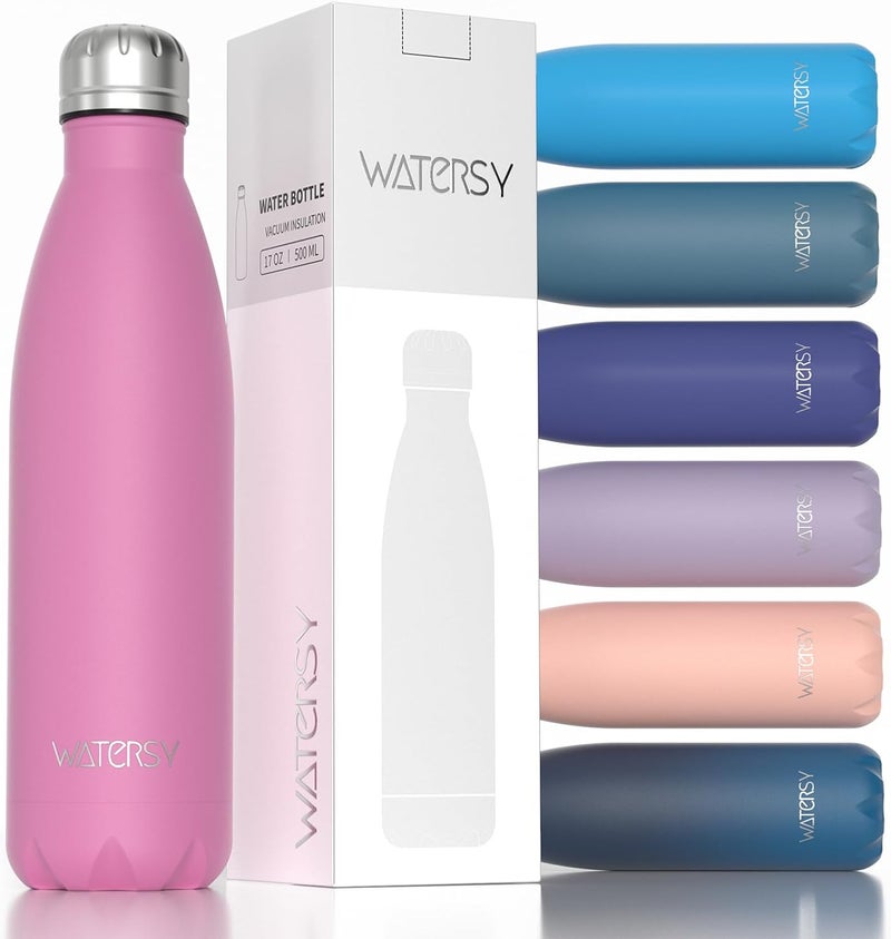 WATERSY Stainless Steel water bottles,17oz/500ml Insulated Water Bottles,Gloss Pink metal water bottle Keeps Drink Cold and Hot,BPA Free kids water bottles for School,Gym,Travel,Sports - Image 1